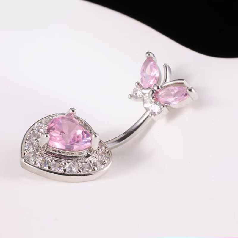 Piercing de nombril en acier inoxydable papillon et zircon rose_voghion.com