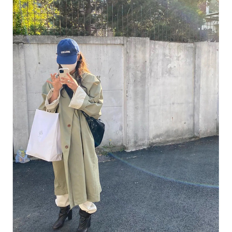 South Korea Dongdaemun Eth*S Casual Loose Simple Stand Collar Single-Breasted Mid-Length Trench Coat for Women in Spring and Autumn