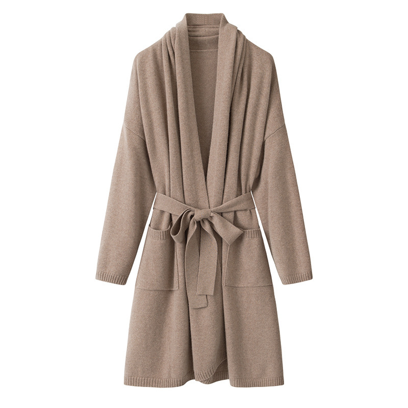 Long 7-Pin Plain Scarf Collar Large Pocket Buttonless Cardigan Pure Cashmere Belt Thickeneded Off-Shoulder Sleeve Outwear for Women