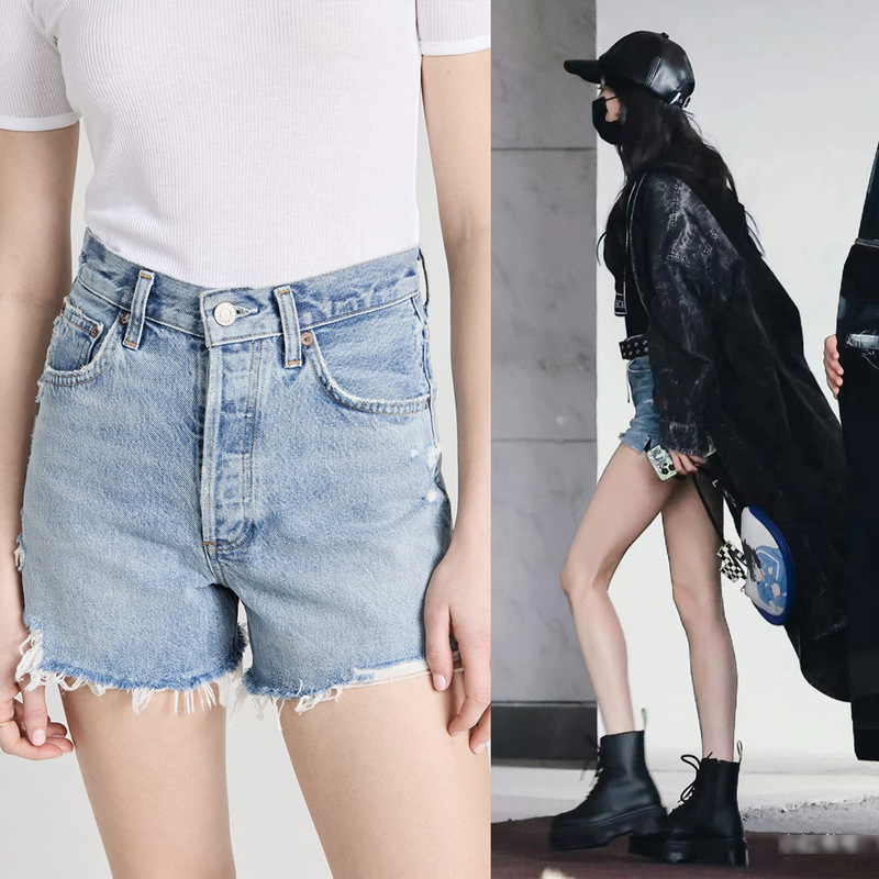 2026 Summer European and American Style Ag High-Waisted Light Blue Ripped Frayed Denim Shorts for Women 2026 Summer European and American Style Ag High-Waisted Light Blue Ripped Frayed Denim Shorts for Women