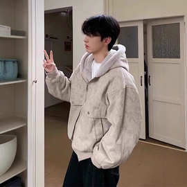 美式水洗纯棉兔绒座山雕外套男款秋冬加厚短款工装连帽夹克棉服