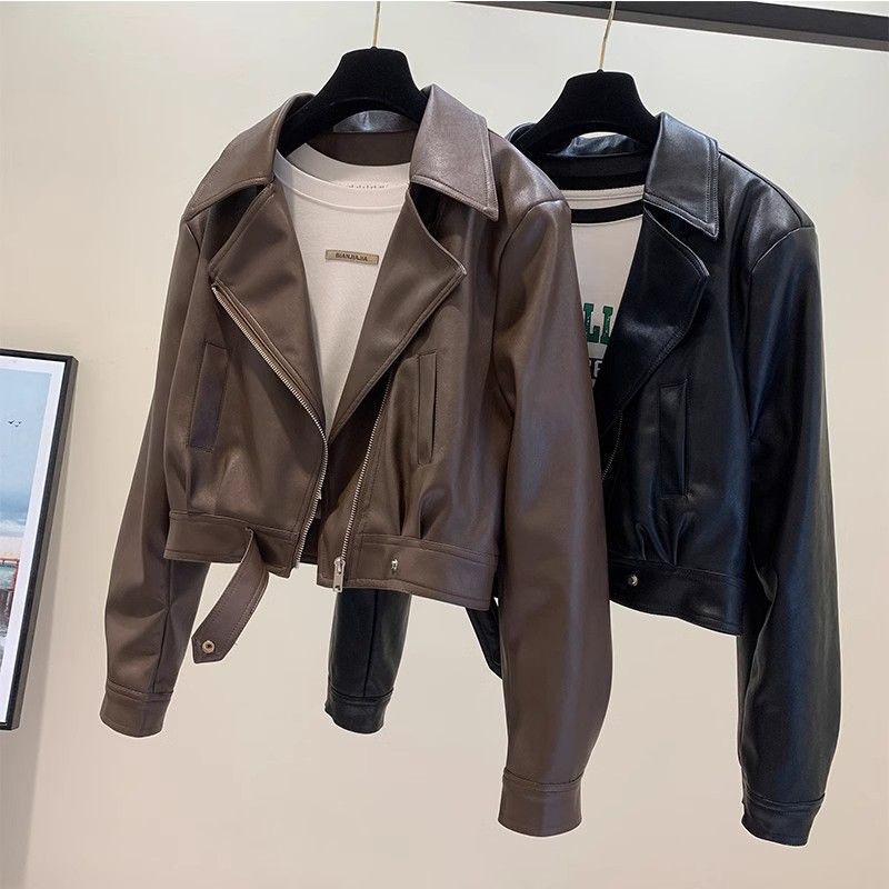 Maillard Wears Coffee Brown Leather Jacket for Women Spring & Fall 2025 New Large Size Loose Outer Short Top Maillard Wears Coffee Brown Leather Jacket for Women Spring & Fall 2025 New Large Size Loose Outer Short Top