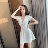 Nightclub sexy V-neck low cut zipper decoration solid color close waist A-line umbrella skirt skirt Short Sleeve Dress