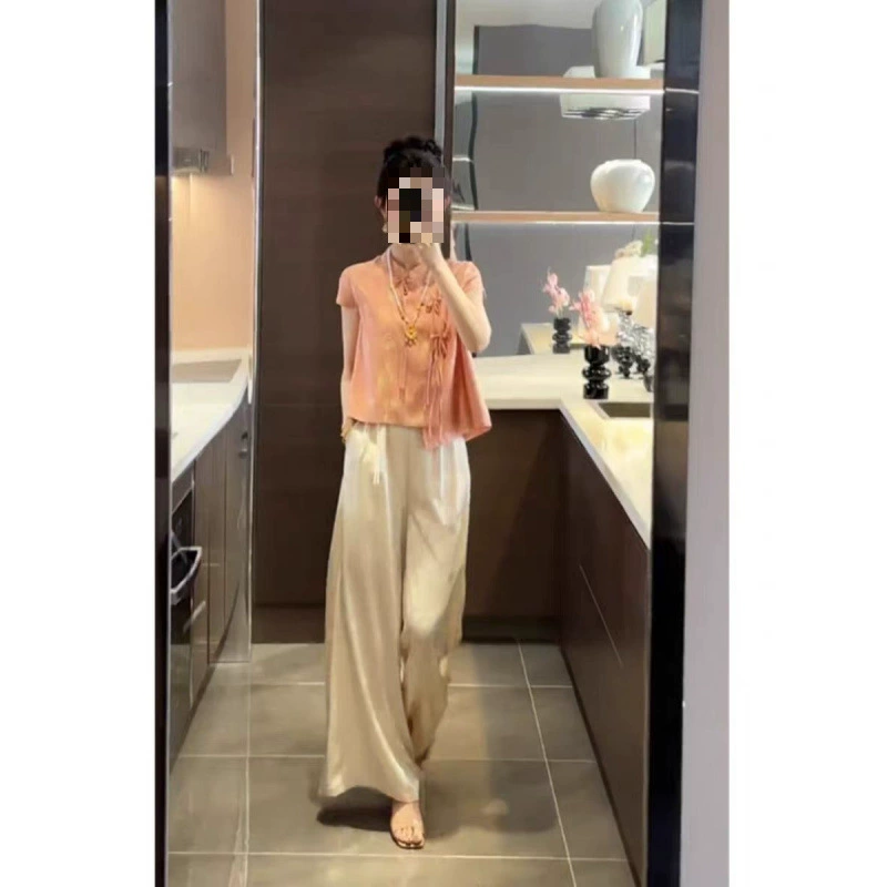 Новый китайский стиль национальный костюм женский жаккардовый блузка с пуговицами широкие брюки из двух частей модная женская одежда 2025 летний новый стиль