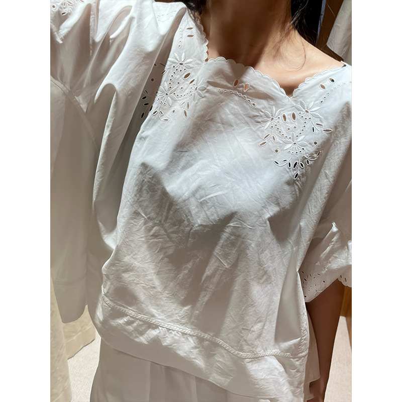 Ms~White Pure Cotton Cross-Cut Hollow Lace Pleated Top 26 New Summer Style