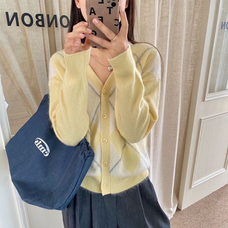 100纯羊毛衫女式V字领针织开衫拉毛工艺菱形格提花长袖毛衣外套潮|undefined