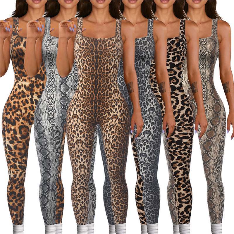 Foreign Trade Women's Printed Sleeveless Vest Jumpsuit Threaded Square Collar Backless Hip Lifting Slim Sports Jumpsuit Ready for Sale