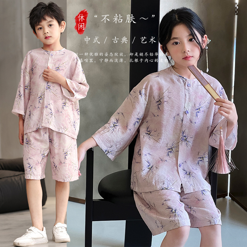 Children's New Chinese Style Short Sleeve Set 2024 Chinese Style Home Clothes for Boys and Girls Hanfu Stylish Nylon Pajamas Trendy Thin
