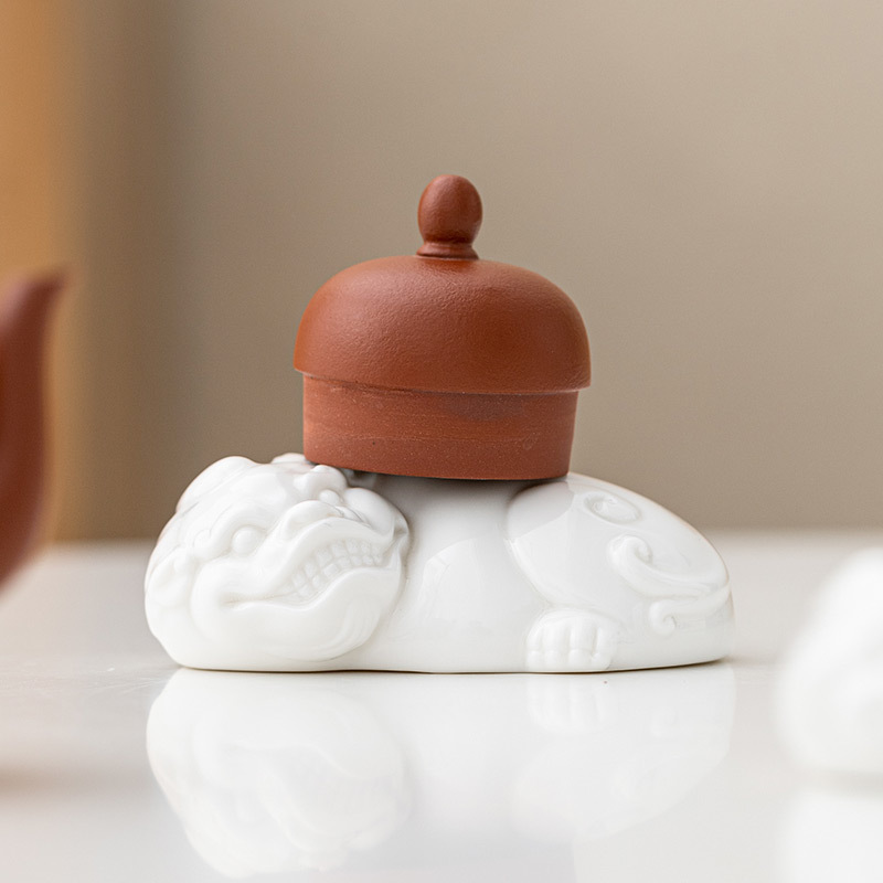 厂家招财貔貅盖置白瓷盖碗茶壶盖托功夫茶具配件茶道陶瓷茶宠摆件