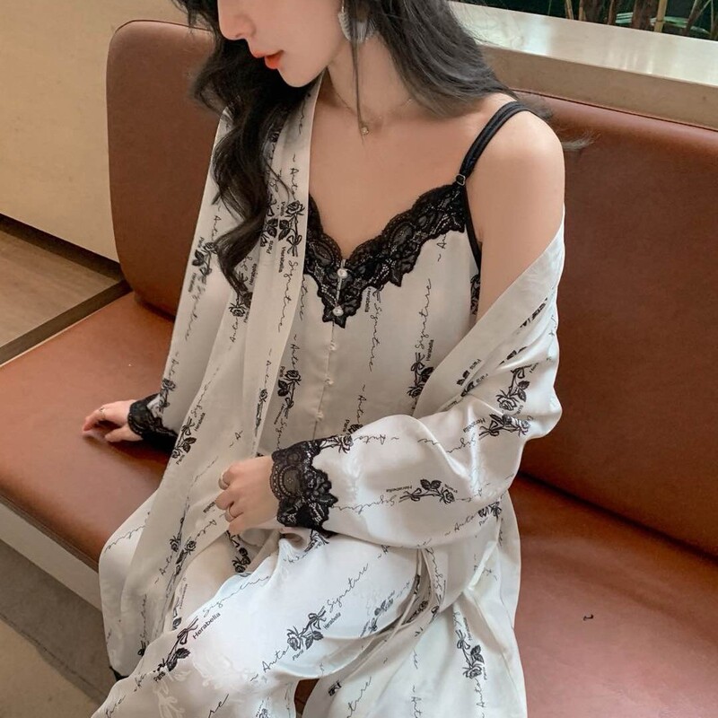 Sexy Suspender Pajamas Three-Piece Set Hera Bella Autum New Ice Silk V Neck Accessible Luxury High-End Home Clothes