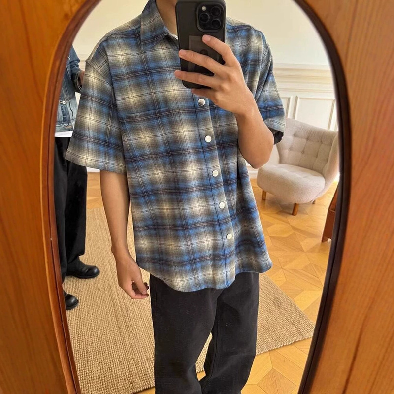 Flannel Plaid Shirt Short-Sleeved Men's Summer American Retro Vintage Brushed Five-Quarter Sleeve Plaid Shirt