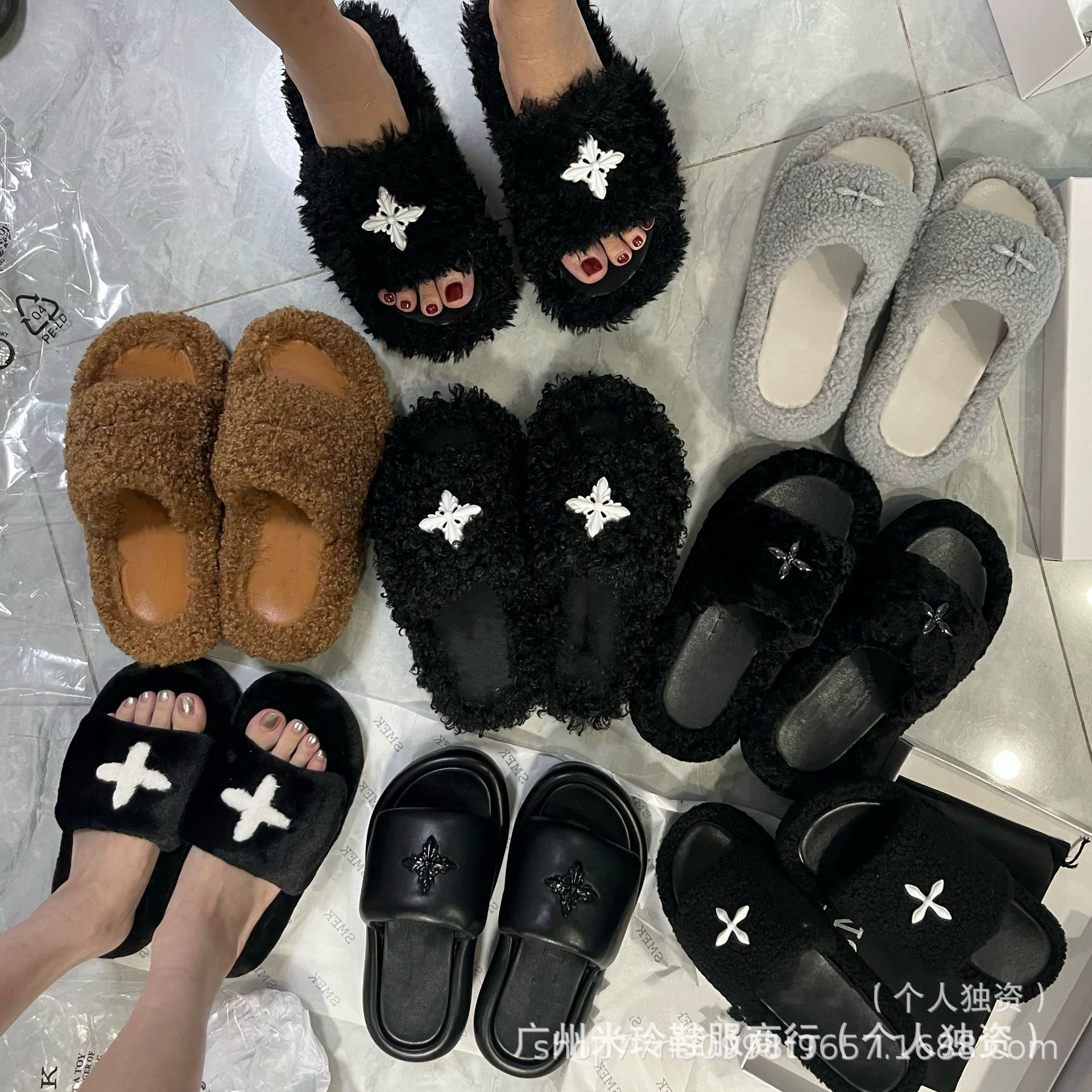 Высокая версия SMF-K шерстяная шерсть 2024 новый толстый кожаный шпор черный серый воздушный шар черный бархатный крест тапочки L