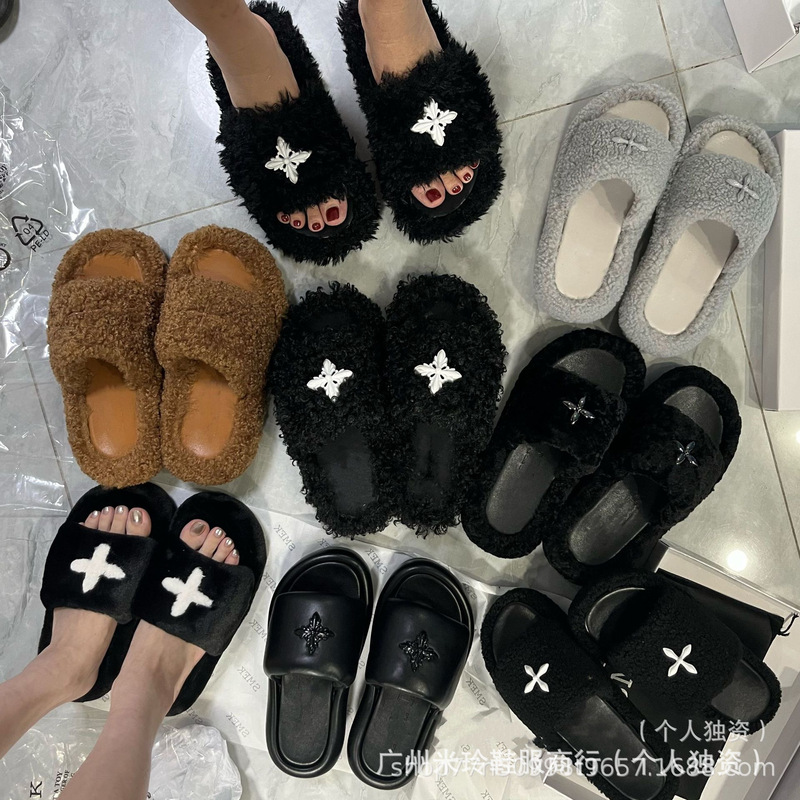 High version SMF-K Mao Mao tow 2024 new thick bottom leather tow black gray balloon black velvet cross slippers L High version SMF-K Mao Mao tow 2024 new thick bottom leather tow black gray balloon black velvet cross slippers L