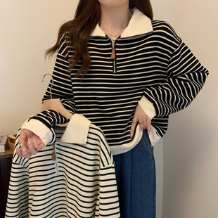 plus size chubby girl American Stripe Polo Collar Front Shoulder Sweat Women's Autumn New Loose Half Zip Long Sleeve Top Trendy