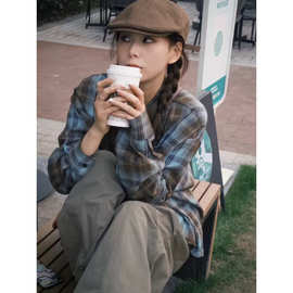 潮牌双色磨毛格子衬衫男女春季复古美式宽松长袖衬衣情侣外套