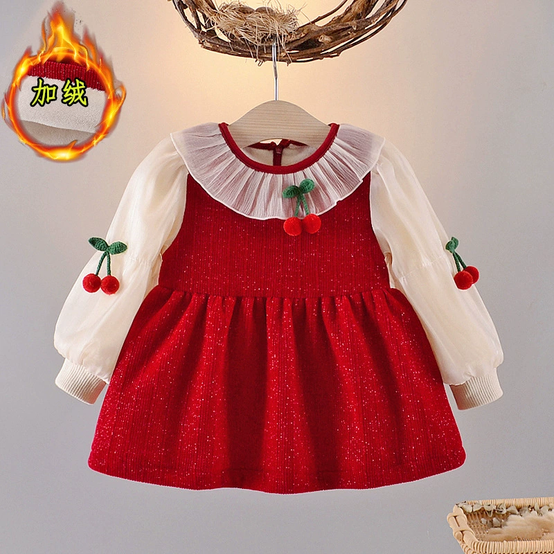 2024 зимнее платье новая девушка платье зазорная маленькая девочка принцесса красная юбка детское платье бэби волна