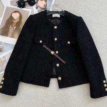 胖大码秋冬新款设计感圆领小香风短款外套女小个子法式粗花呢子