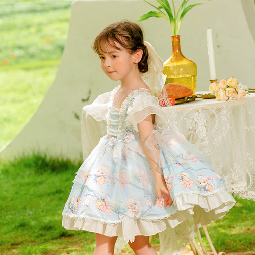 2024 Summer New Girls' Children's Baby Performance Cartoon Lolita Princess Dress Short Sleeve Dress