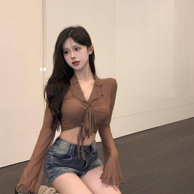 Strap Perspective Mesh 2024 Early Autumn New Long-sleeved Shirt Slim-fit Design Sense Cardigan Short Jazz Dance Top Strap Perspective Mesh 2024 Early Autumn New Long-sleeved Shirt Slim-fit Design Sense Cardigan Short Jazz Dance Top