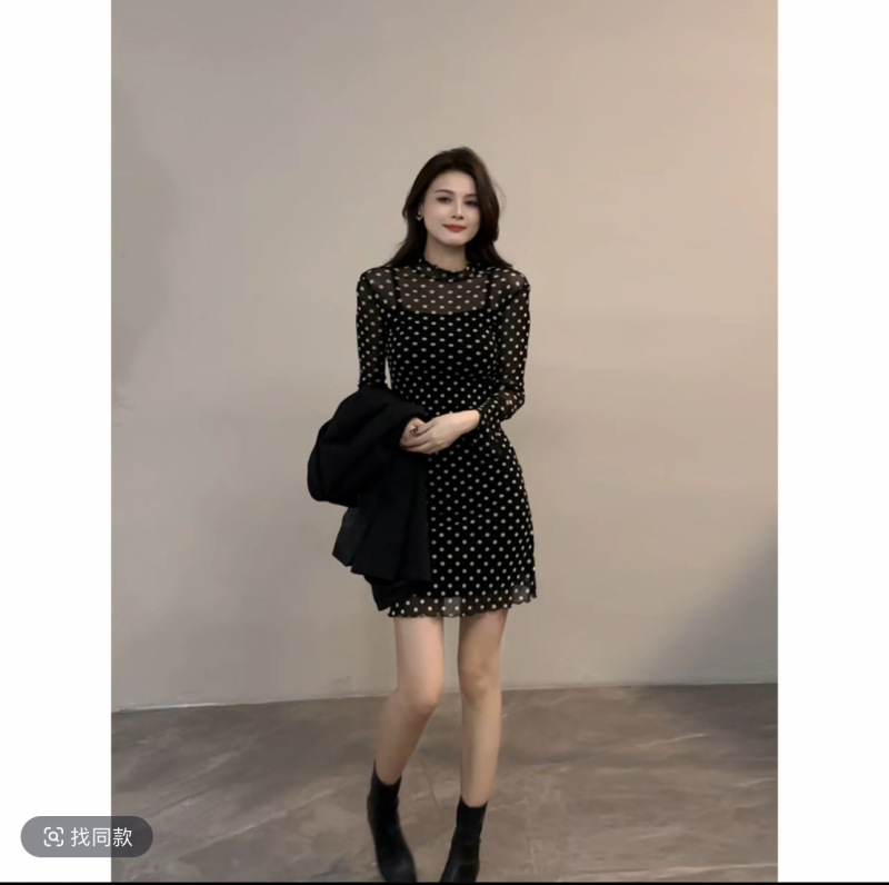 大婷婷长袖圆领修身波点连衣裙时尚显瘦气质初秋新款裙子|undefined