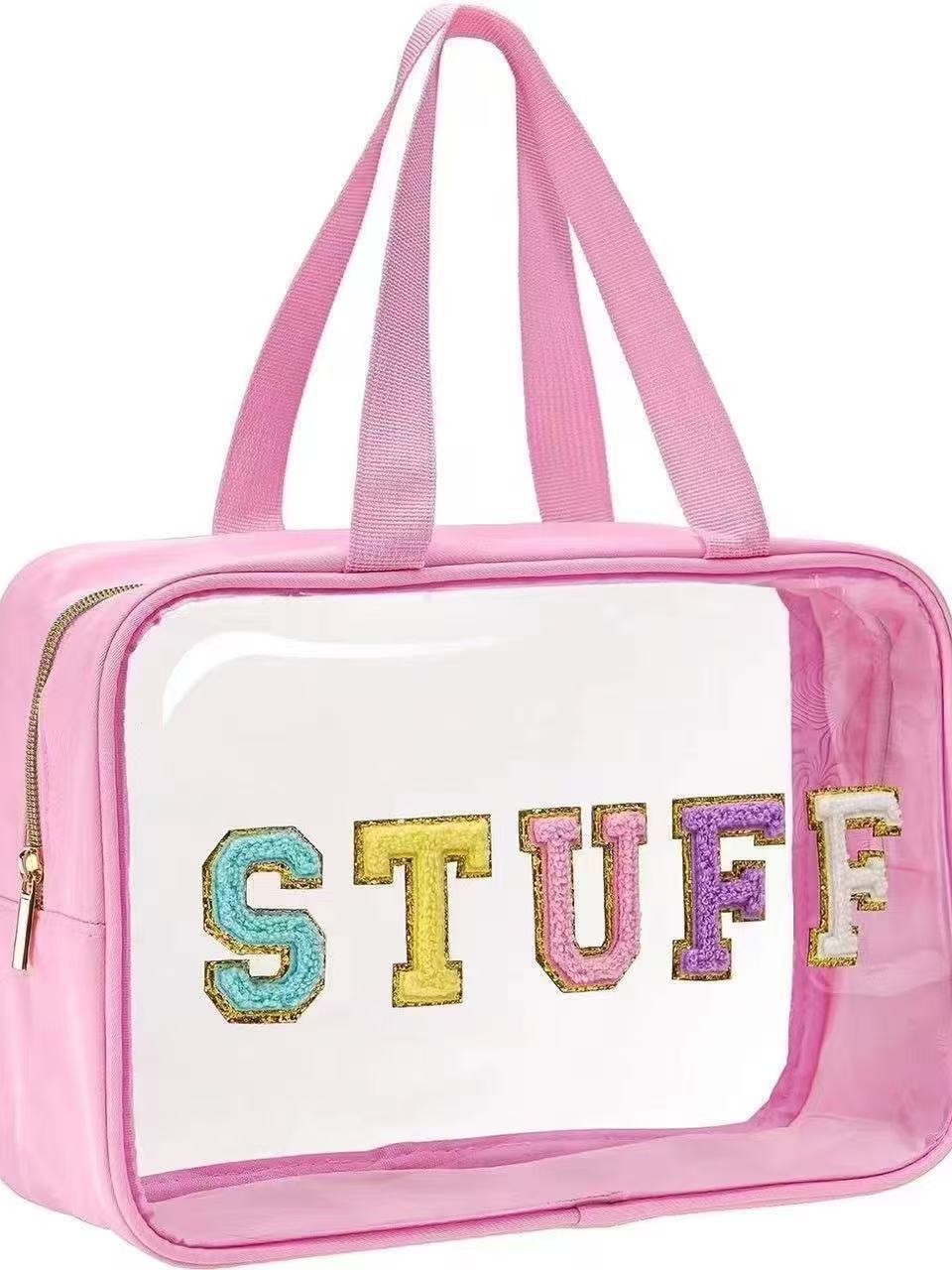 Bolsa de cosméticos de nuevo estilo transfronteriza, bolsa transparente de gran capacidad, bordado de letras en toalla, bolsa de almacenamiento multifuncional portátil para salir