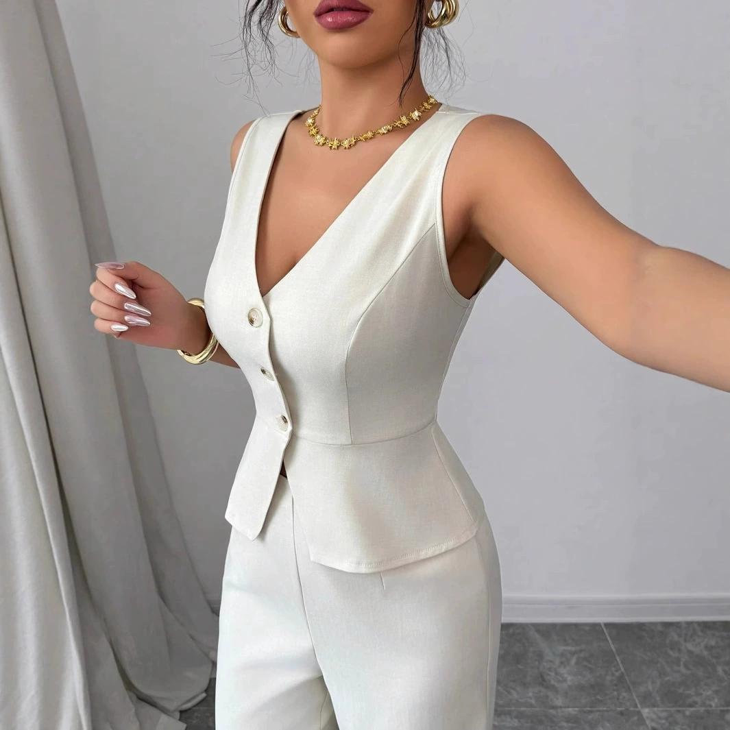 Летний комплект 2025 года: новый европейский и американский женский топ без рукавов и брюки с высокой талией, однотонный, облегающий, двухсоставной набор для женщин.