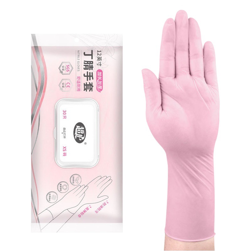 Guantes de nitrilo rosados gruesos de 12 pulgadas de grado alimenticio