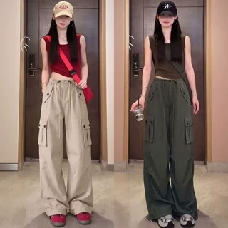 美式速干工装裤女秋季加厚伞兵冲锋裤户外登山宽松阔腿冰丝运动裤