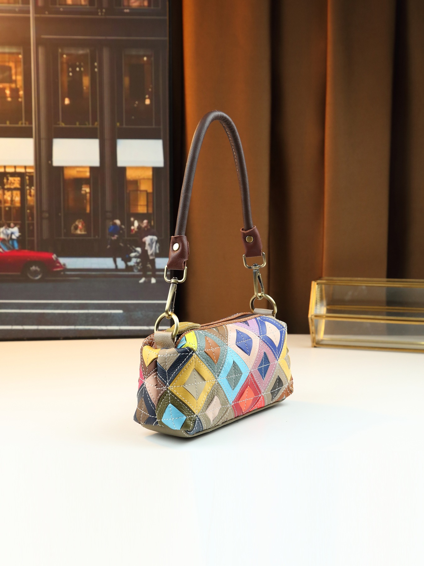 Women's Ethnic Style Colorful Plaid Leather Crossbody Shoulder Bag_voghion.com