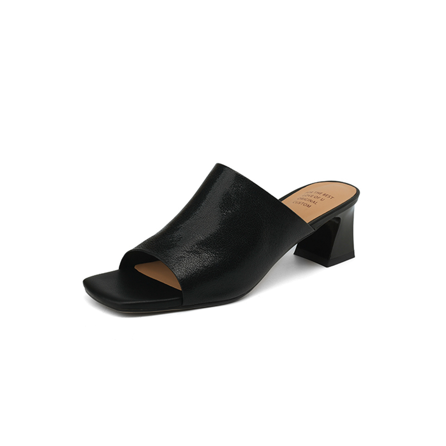 Sandal cao gót nữ hở mũi quai ngang da bò đục lỗ, gót 7 cm — Đen và cao 7 cm