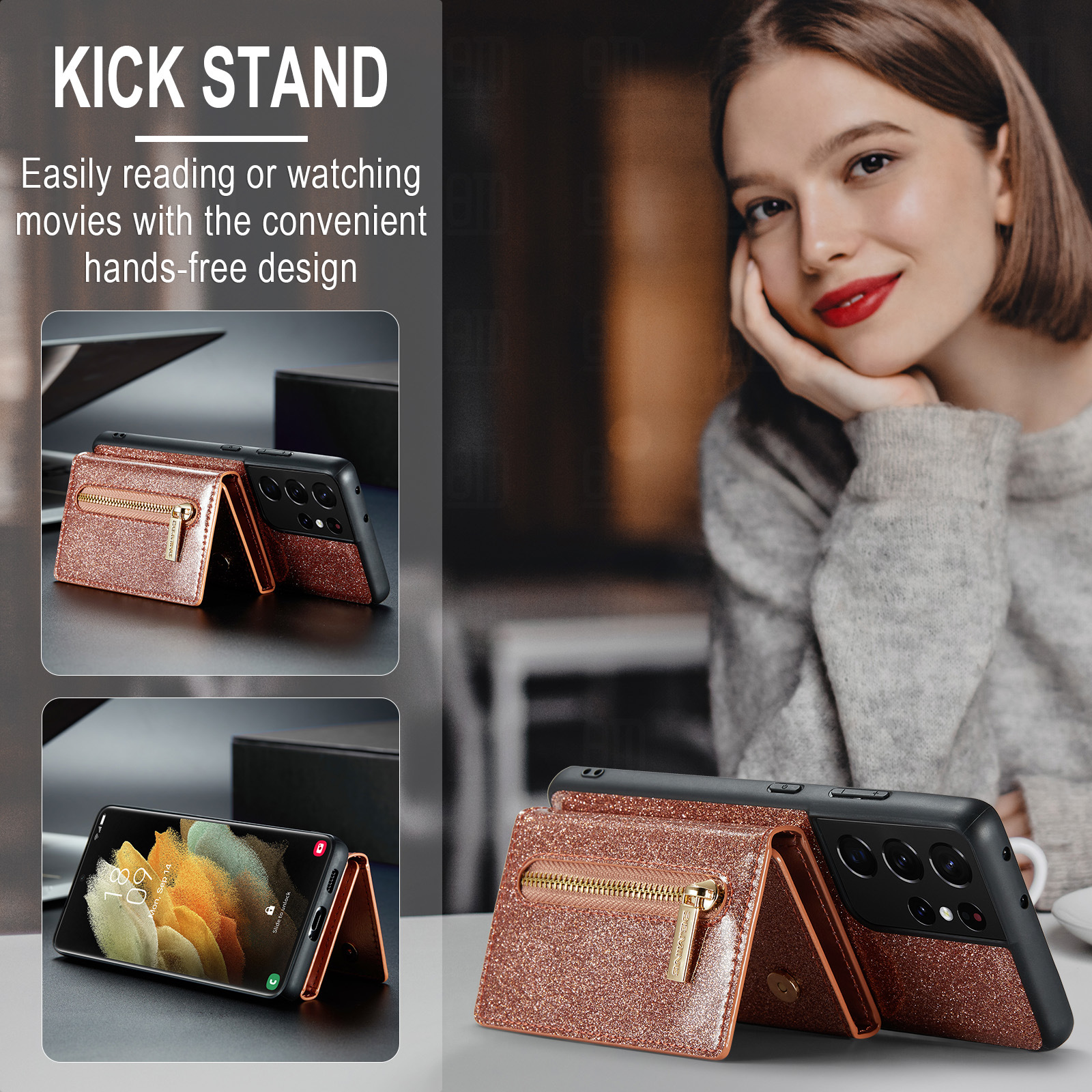 M3 per Samsung S21 Ultra 2 in 1 custodia in pelle glitterata con ventosa magnetica custodia per telefono diviso custodia protettiva portafoglio S21_voghion.com