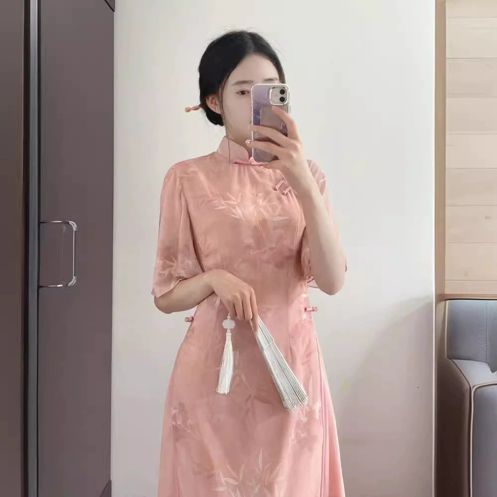 Фуксия летний легкий чоунсам(cheongsam) год 2024 легкий стиль