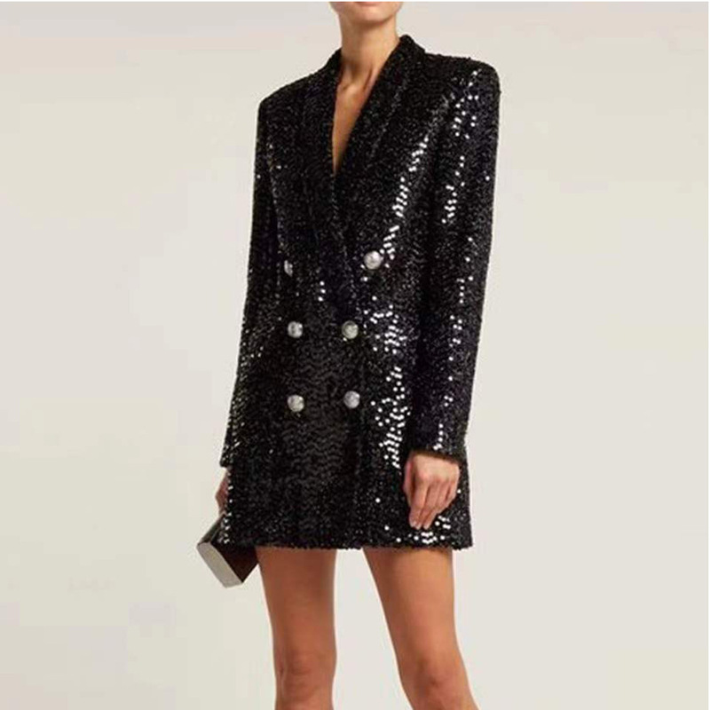 European and American style black sequined BLINGBLING green collar silver button long sleeve suit skirt cross-border party dress