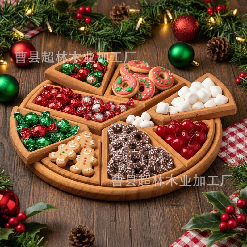 Wooden Platter with Creative Compartments, Household Snack and Fruit Tray, Christmas Decoration, Cross-Border Wooden Dinner Plate