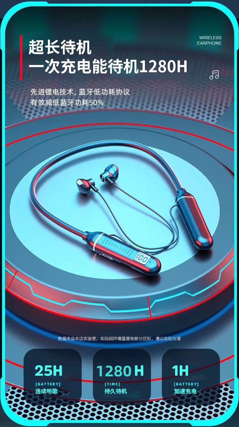 Neckband wireless Bluetooth earphones suitable for sports, with stereo noise cancellation, digital display, ultra-long standby time, cross-border neckband earphones