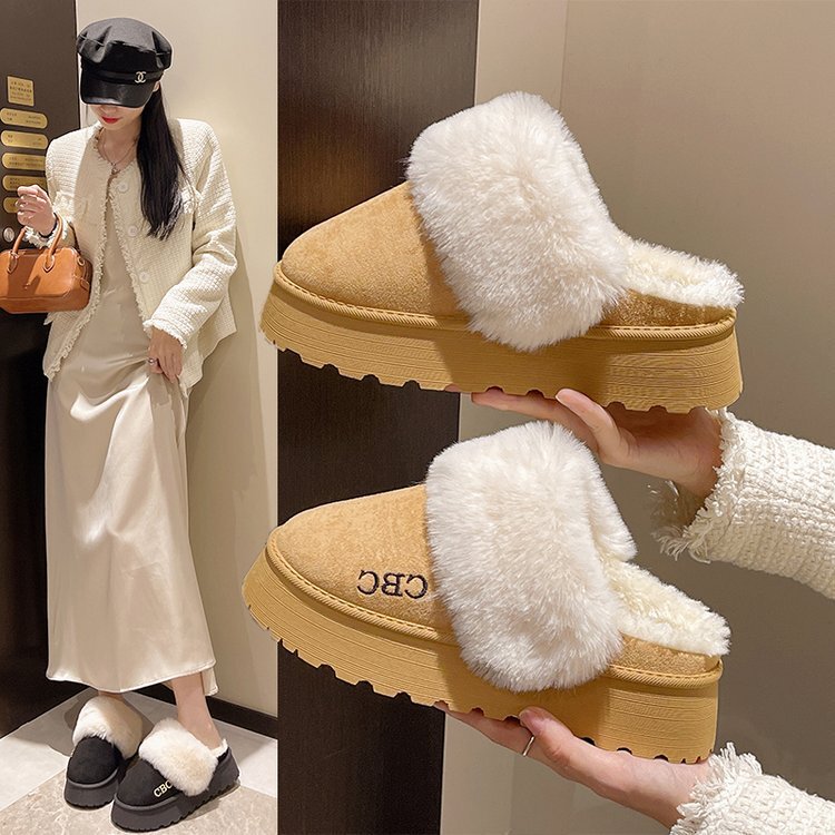 Furry Slippers for Women's Outer Wear 2025 New Fur Integrated Fleece-Lined Snow Boots Baotou Winter Thick-Soled Half-Slip Cotton Shoes