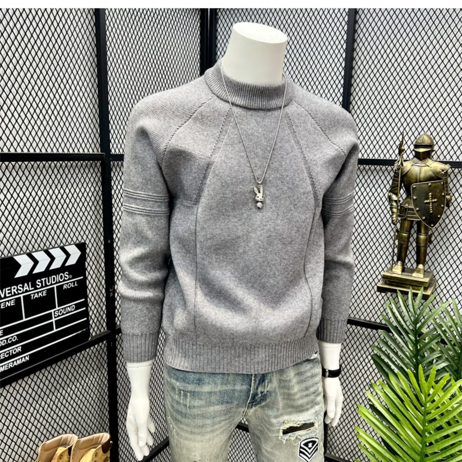Men's High Neck Sweater Spring Gray Loose Fit Warm Thick Mid Neck Knitted Base Layer_voghion.com
