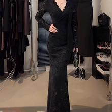 2025秋冬新款韩版时尚V领长袖蕾丝连衣裙+外套两件套装女一件代发