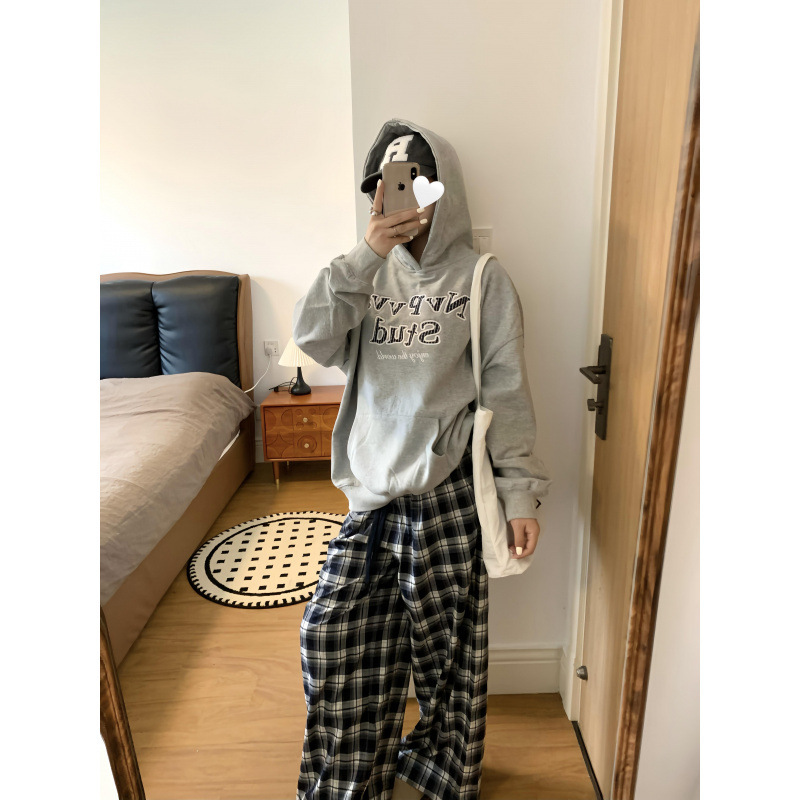 字母美式复古蓝格纹贴布绣连帽卫衣女秋冬宽松休闲韩系百搭上衣女|undefined