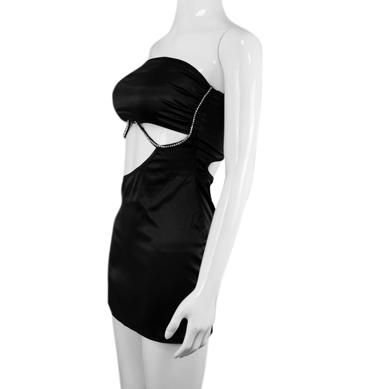 Spring Summer Sexy Drill Chain Decorative Side Slit Lace-up Cutout Women Sheath Dress