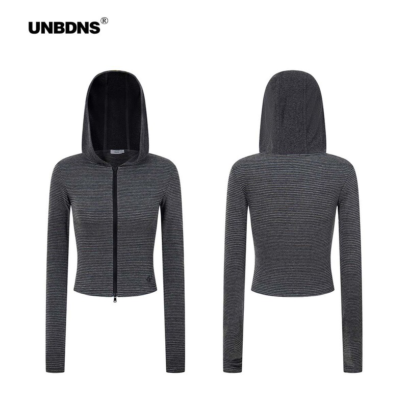 Unbdns Stripesd Slim Hoodie Gray Short American Style 2025 New Right Shoulder Slim Hooded Long-Sleeved Jacket for Women