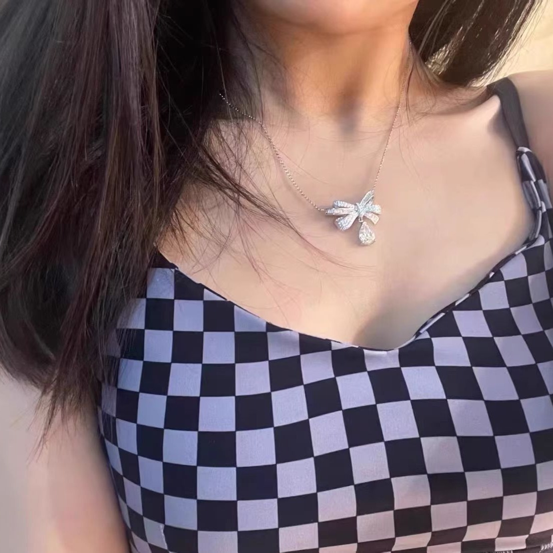 超仙满钻蝴蝶结项链女百搭小众设计轻奢感春夏饰品 水滴项饰