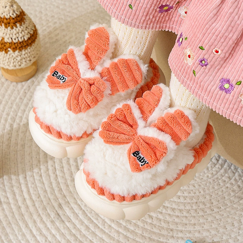 Дети зимний новый бант хлопчатобумажные тапочки для девочек зимний новый стиль милый бархат толстая маленькая девочка хлопчатобумажная обувь
