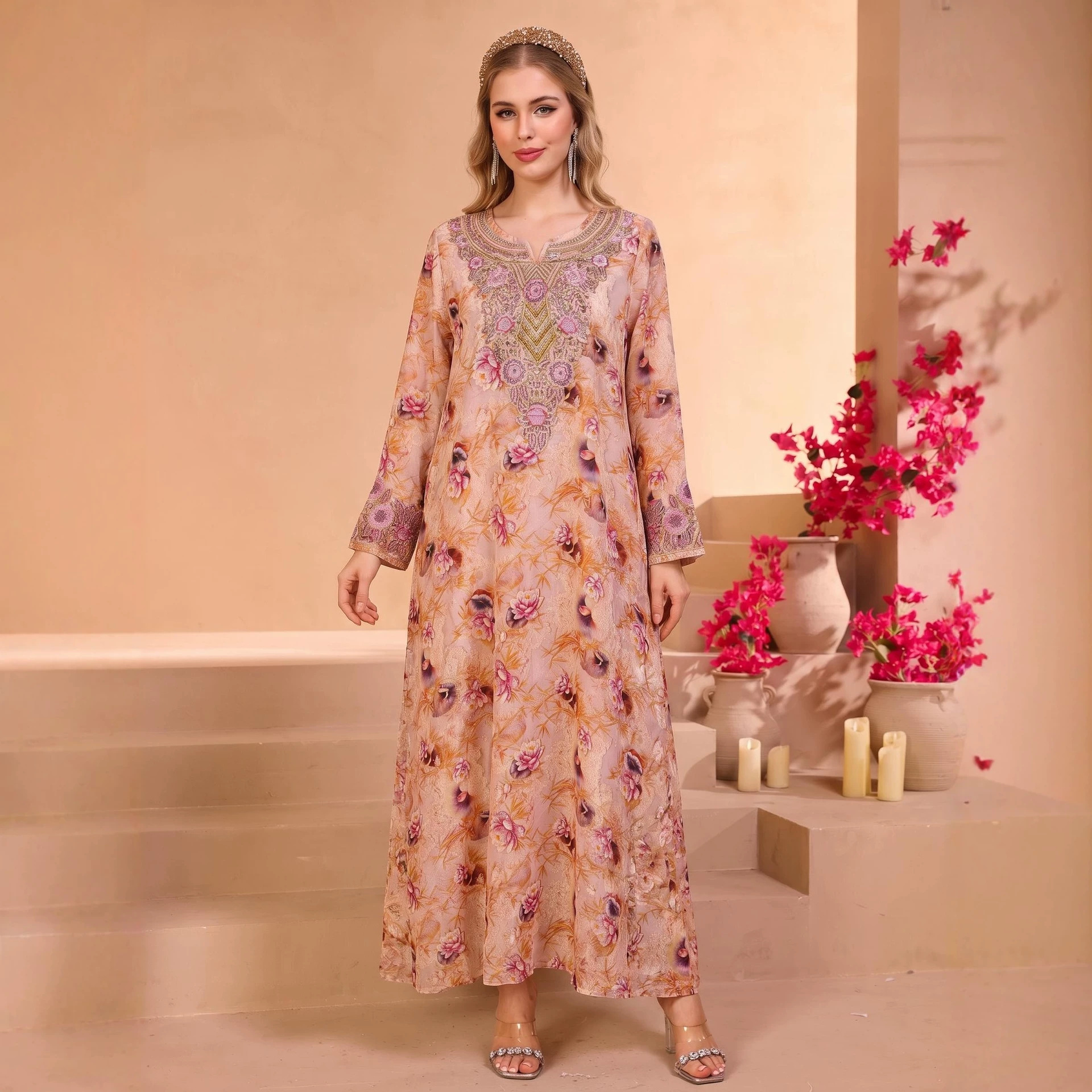 M26009 Light Apricot Pink Floral Jacquard Robe, Heavy Embroidery V-Neck Long Sleeve Dress, Muski Dress
