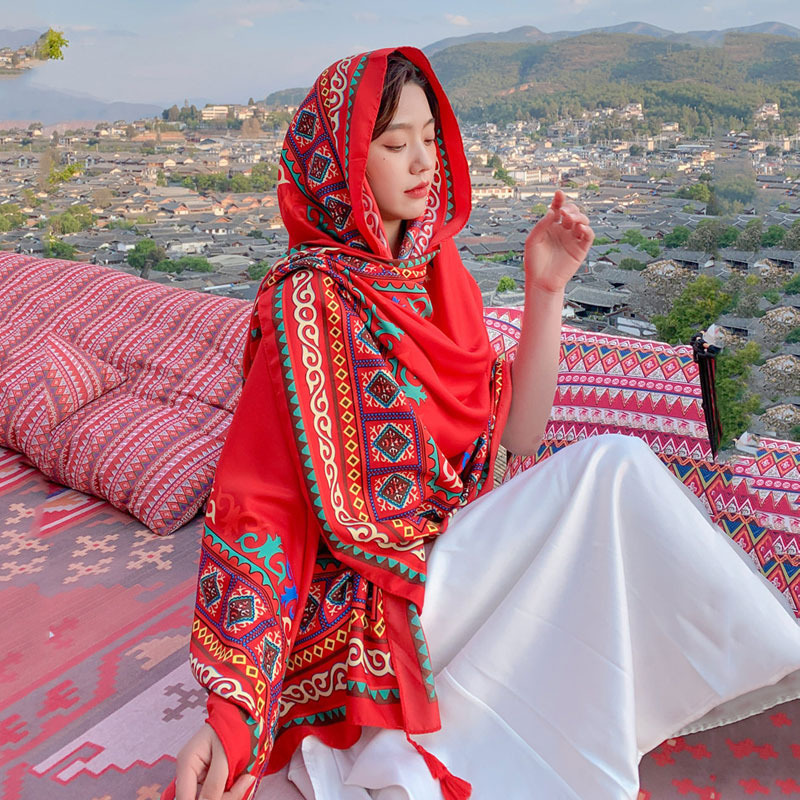 Ethnic Style Shawl Women's Summer Hainan Sanya Travel Photograph Qinghai Lake Scarf Beach Towel Thin Sunscreen Scarf