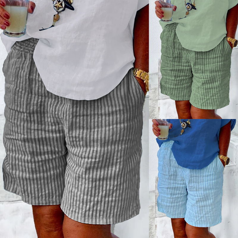 2023 Summer New Linen Shorts Casual Loose Striped Outer Wear Beach Pants Thin Women's Pajama Pants European and American s