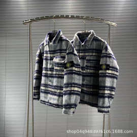 跨境stone 石头毛呢格子外套臂章罗盘男秋冬季潮牌纽扣开衫长袖潮