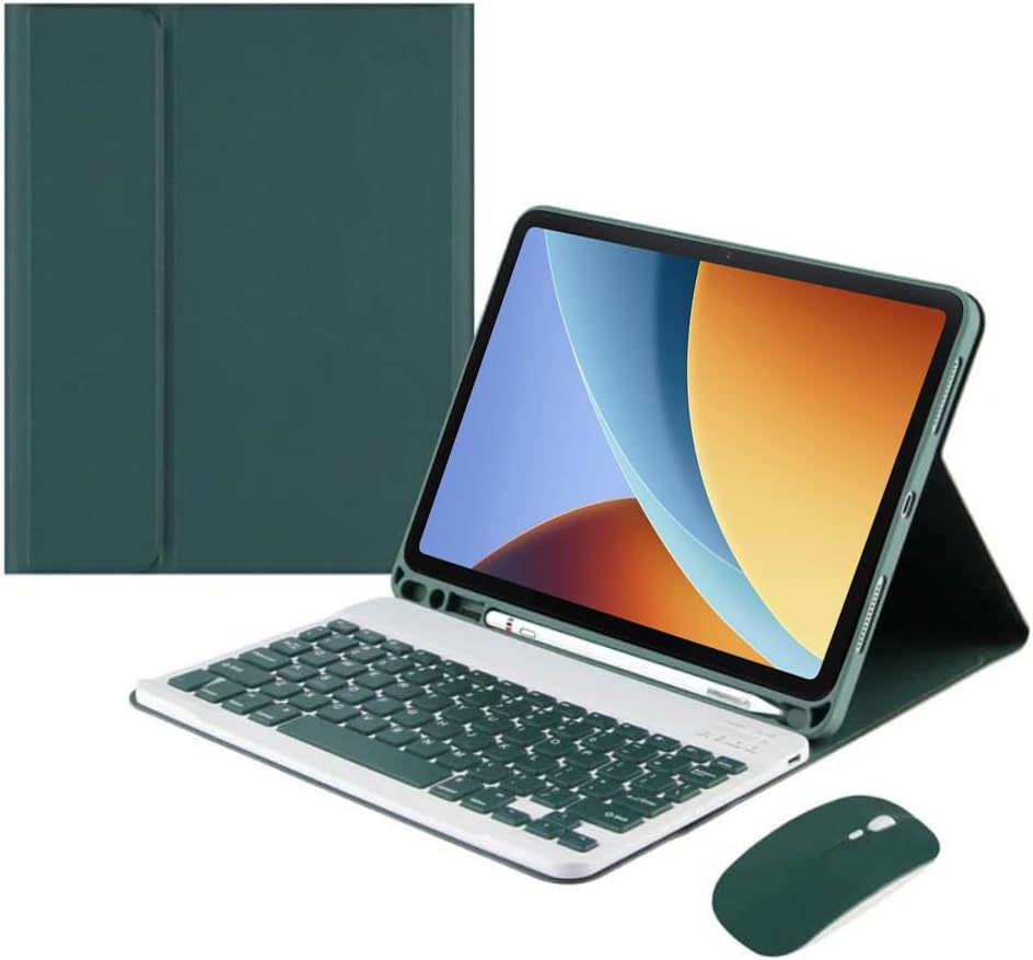 Funda de cuero verde oscuro + teclado Bluetooth + ratón de carga