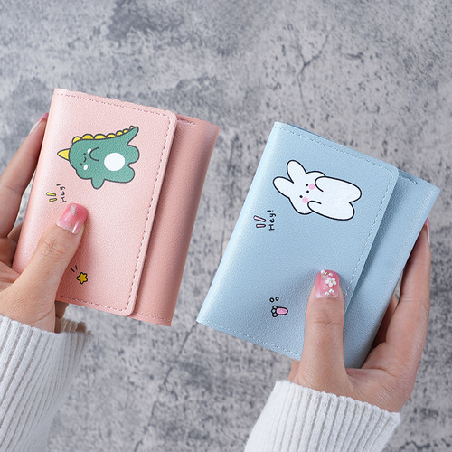 Korean style small wallet for women, tri-fold short print, cute and simple student multi-card slot coin purse, cartoon ladies wallet
