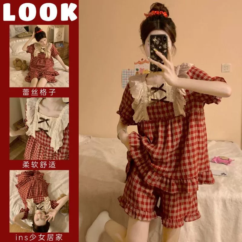 [Tinkerbell] свободные пижамы в японском стиле для женщин, летние кружевные клетчатые милые и милые комплекты домашней одежды для девочек
